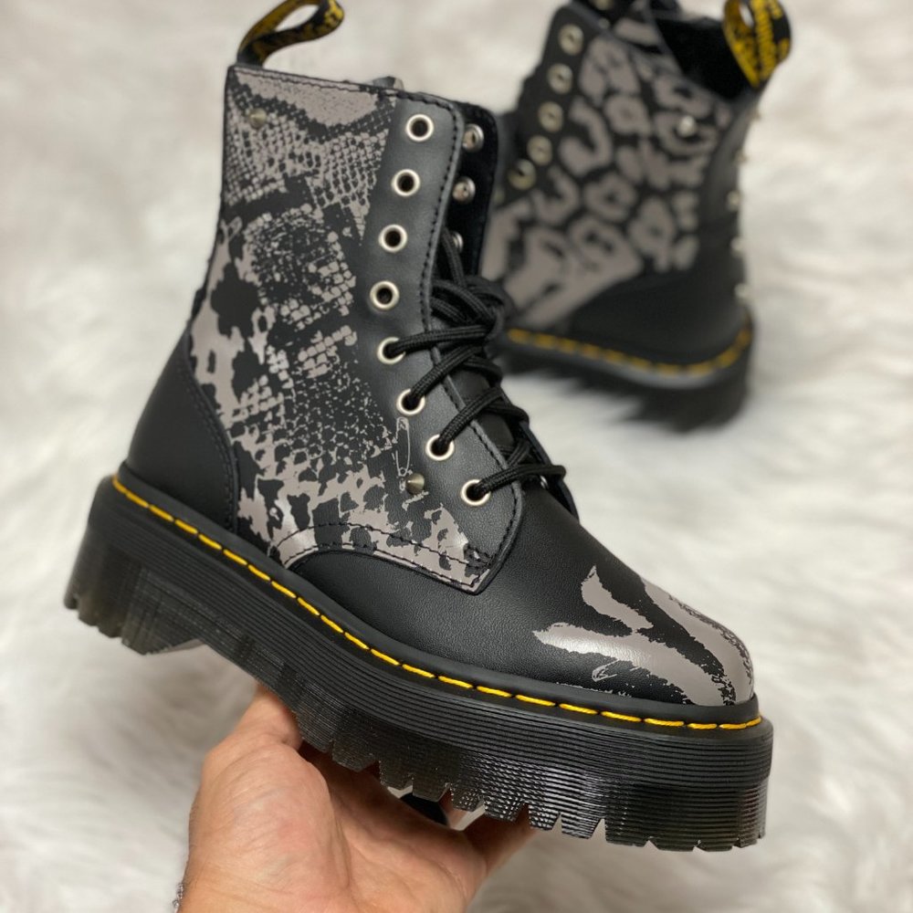 Dr. Martens Black and Gray Patterned Moto Boots